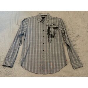 Guess Mens Plaid Graphic Long Sleeve Button Down Shirt Gray Black Small M8123200